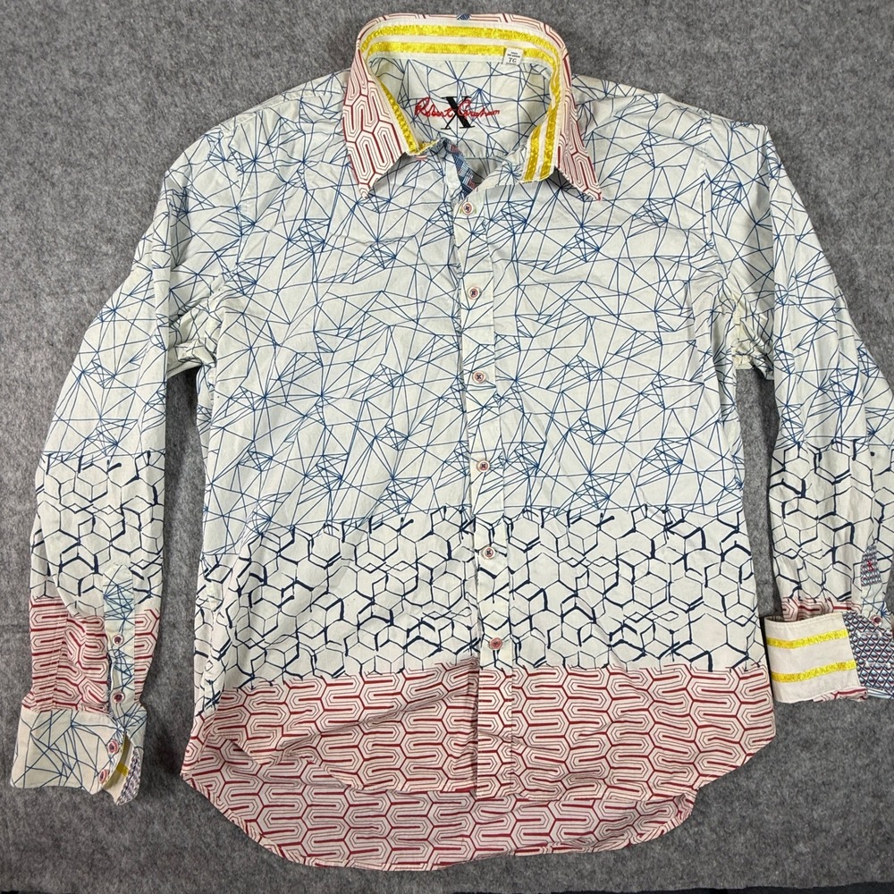 Robert Graham Button Down Shirt Mens XL White Blue Red Geometric Tailored Fit